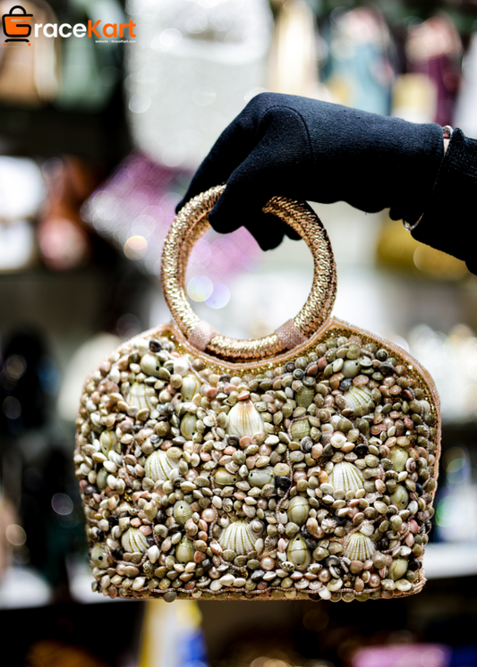 Seashell Embellished Gold Handle Clutch Bag