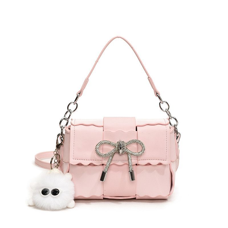 Chic Blush Bow Mini Handbag with Fluffy Charm – Soft Pink Crossbody