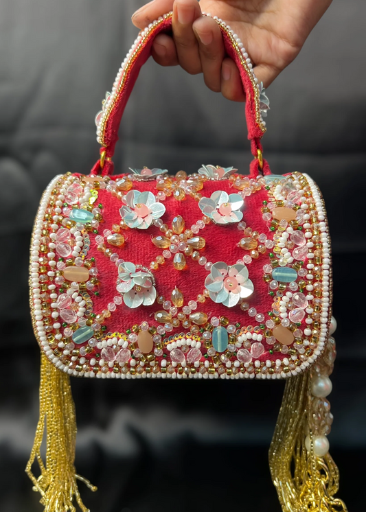Red and Golden Embellished Bridal Clutch Bag with Tassels - Luxury Wedding Potli