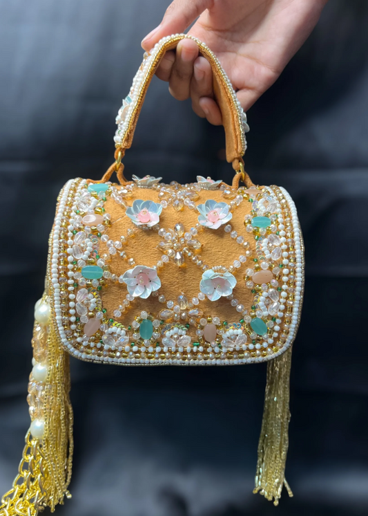 Red and Golden Embellished Bridal Clutch Bag with Tassels - Luxury Wedding Potli