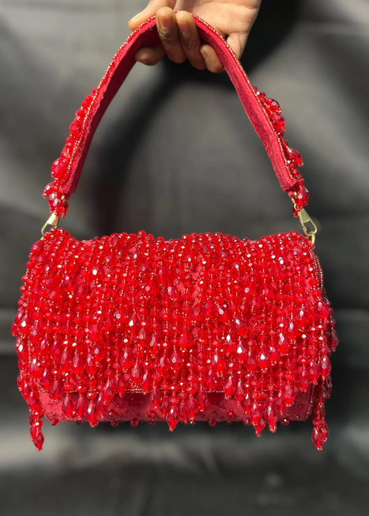White Shimmering Beaded Tassel doli clutch Bag - Available in White, Golden, Red