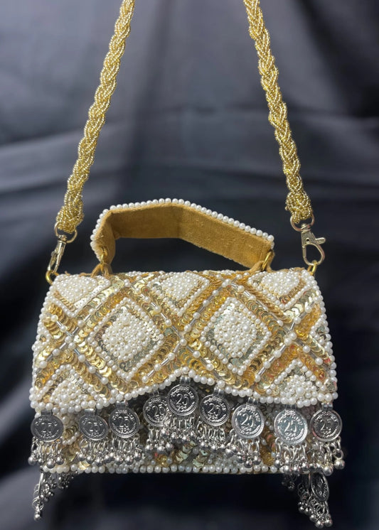 Golden Pearl Embroidered Clutch Bag with Ghungroo Tassels - Bridal Mini Handbag