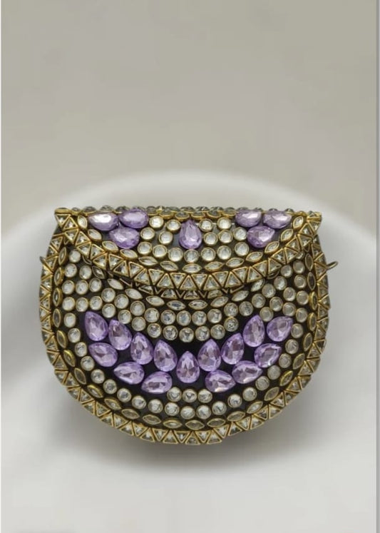 Gold Kundan Stone Encrusted Semi-Circular Dome Clutch