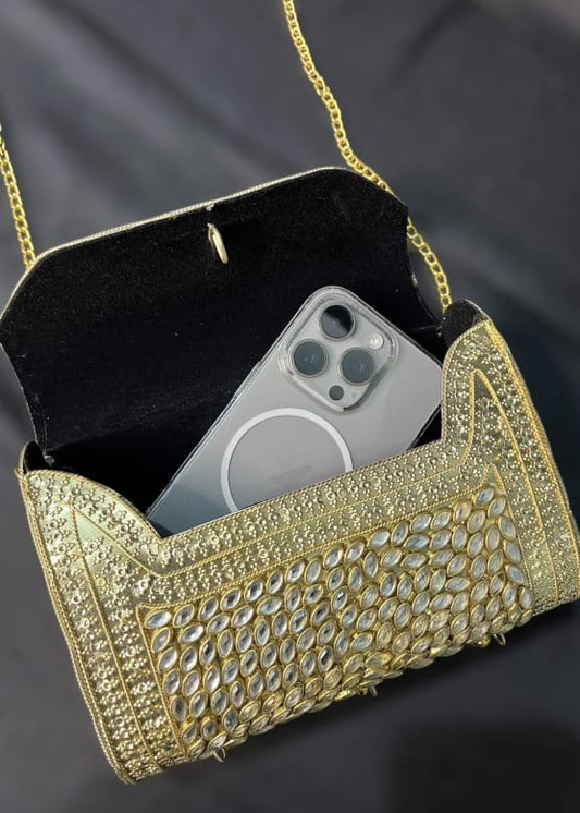 Elegant Gold Metallic Kundan Shimmer Envelope Clutch with Chain Strap