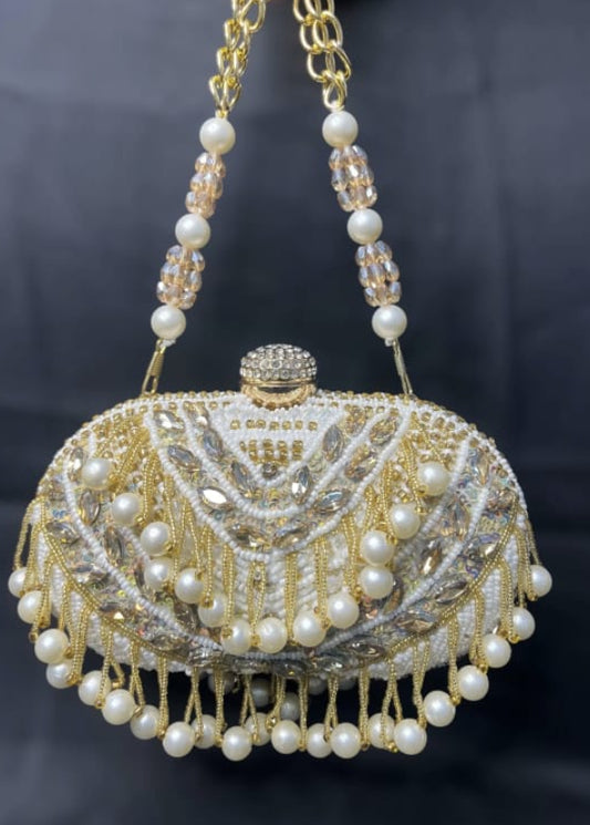 gold pearl-embellished embroidered designer clutch bag