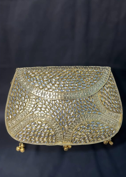 “Royal Gold Metallic Kundan Chain Clutch”