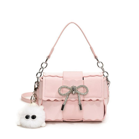Chic Blush Bow Mini Handbag with Fluffy Charm – Soft Pink Crossbody
